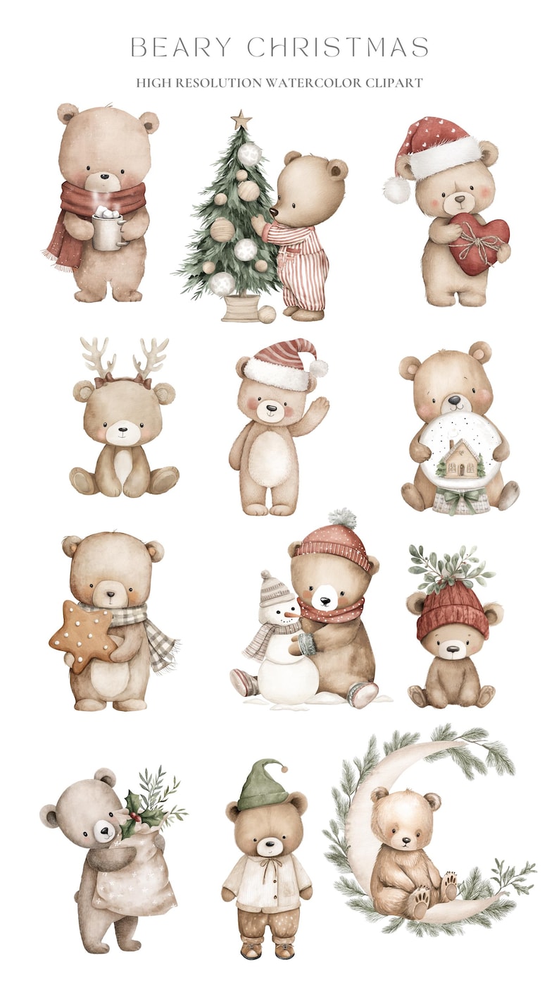 Puede incluir: Clipart de acuarela con varios osos de peluche adorables con atuendos festivos navide&ntilde;os. Los osos se representan con un &aacute;rbol de Navidad, sosteniendo regalos y usando sombreros y bufandas. El texto "BEARY CHRISTMAS" est&aacute; en la parte superior.