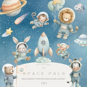 Pode incluir: Ilustração em aquarela com adoráveis animais astronautas, planetas e um foguete em um fundo azul estrelado. O texto "SPACE PALS" e "HIGH RESOLUTION WATERCOLOR CLIPART 60" também estão incluídos.
