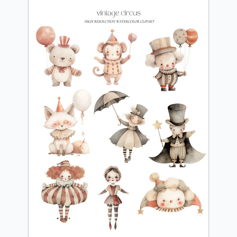 Vintage Circus Clipart, Watercolor Carousel Animals Balloons PNG ...