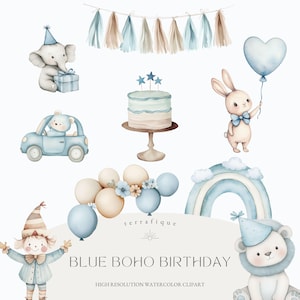 Blauwe Boho verjaardag clipart set schattige babyjongen partij aquarel PNG commercieel gebruik Boho verjaardagsuitnodigingen decor babyshower kwekerij