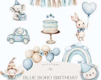 Blue Boho Birthday Clipart Set: Watercolor Baby Animals (PNG, Commercial Use)