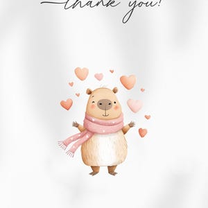 May include: A whimsical illustration of a capybara wearing a pink scarf, surrounded by floating peach-colored hearts. The words "thank you!" are written in elegant script above the capybara. The overall design has a soft, watercolor aesthetic.