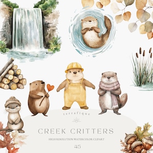 Otters en bevers Clipart schattige dieren bouw natuur bomen hout aquarel kinderkamer kinderen Clipart commercieel gebruik bos beestjes