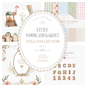 Könnte beinhalten: Eine digitale Grafikdesign-Kollektion mit dem Titel Little Woodland Bakery Full Collection 4 in 1 mit 150+ Elementen. Sie enthält Aquarellillustrationen eines Bäckereistands, eines Igels, floraler Ränder, gemusterter Hintergründe und Buchstaben.
