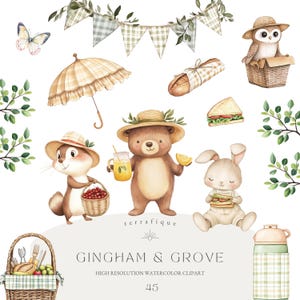 Clipart de picnic, lindos animales del bosque, acuarela, retro, primavera, verano, fiesta de cumpleaños, baby shower, guardería, arte, uso comercial