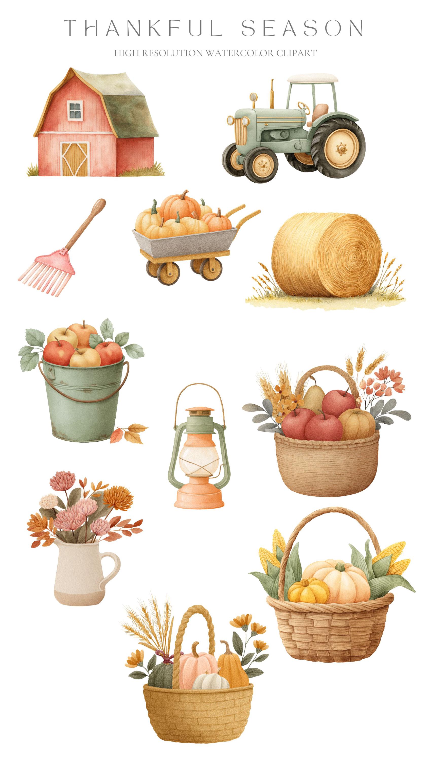Thankful Season Clipart, Watercolor Fall Harvest Farm PNG, Autumn Barn ...