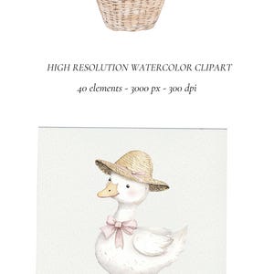 Puede incluir: Una ilustraci&oacute;n de acuarela de un pato con un sombrero de paja con una cinta rosa. El pato lleva una corbata de lazo rosa y tiene un ligero rubor rosa en las mejillas.