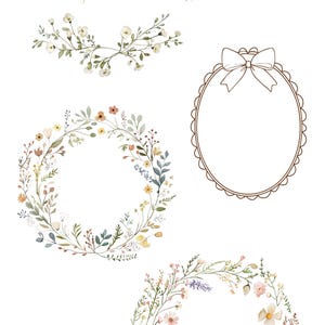 Puede incluir: Cuatro ilustraciones de acuarela de coronas de flores y un marco con un lazo. Las coronas est&aacute;n hechas de varias flores y hojas en tonos de azul, amarillo, rosa y verde. El marco es ovalado con un borde festoneado y un lazo blanco.