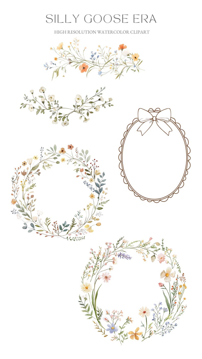 Puede incluir: Cuatro ilustraciones de acuarela de coronas de flores y un marco con un lazo. Las coronas est&aacute;n hechas de varias flores y hojas en tonos de azul, amarillo, rosa y verde. El marco es ovalado con un borde festoneado y un lazo blanco.