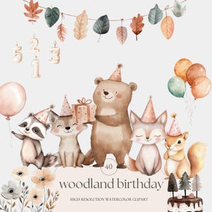 Conjunto de imágenes prediseñadas de cumpleaños de animales del bosque, boho, lindo, fiesta, caprichoso, acuarela, bosque PNG, uso comercial, invitaciones de cumpleaños para bebés y niños