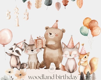 Boho Woodland Animals Birthday Clipart: Watercolor Forest PNG (Digital Download)