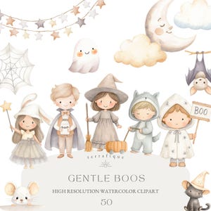 Clipart di Halloween carino, neutro, per bambini, stravagante, acquerello, uso commerciale, festa di Halloween, stagione spettrale, pastello, gotico, sublimazione, PNG