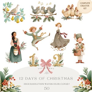 Puede incluir: Conjunto de imágenes prediseñadas de acuarela que representan los "12 días de Navidad". Incluye ilustraciones de pájaros, bailarines y otros elementos festivos. El texto "12 DAYS OF CHRISTMAS" está presente. El conjunto se etiqueta como "COMPLETE CREATOR KIT".