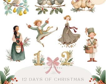 Zwölf Tage Weihnachtskarte Clipart, Vintage Weihnachtskarte PNG, Klassische Weihnachtsgrafik, Traditionelles Weihnachtsaquarell, Kommerzielle Nutzung