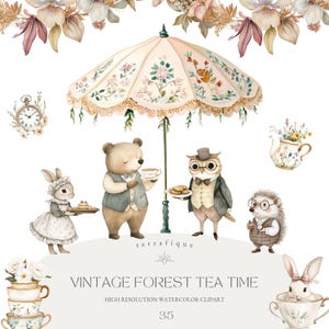Tea Party Clipart Vintage Woodland Animals Carino Stravagante Acquerello Foresta Vittoriano Bambini Compleanno Baby Shower Inviti Uso Commerciale