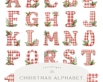 Christmas Gingham Alphabet Clipart: Festive Holly Letters & Numbers (Digital Download)