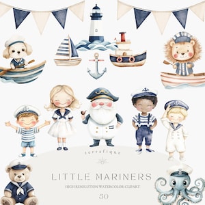Clipart nautico carino animali marinai marina barche faro festa estiva costiera compleanno baby shower inviti uso commerciale clipart