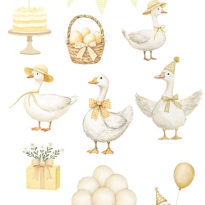 May include: A set of watercolor illustrations featuring a birthday theme with geese. The set includes a goose wearing a hat, a goose wearing a party hat, a goose holding a balloon, a basket of eggs, a cake, a gift box, a bunch of balloons, and a floral arrangement.