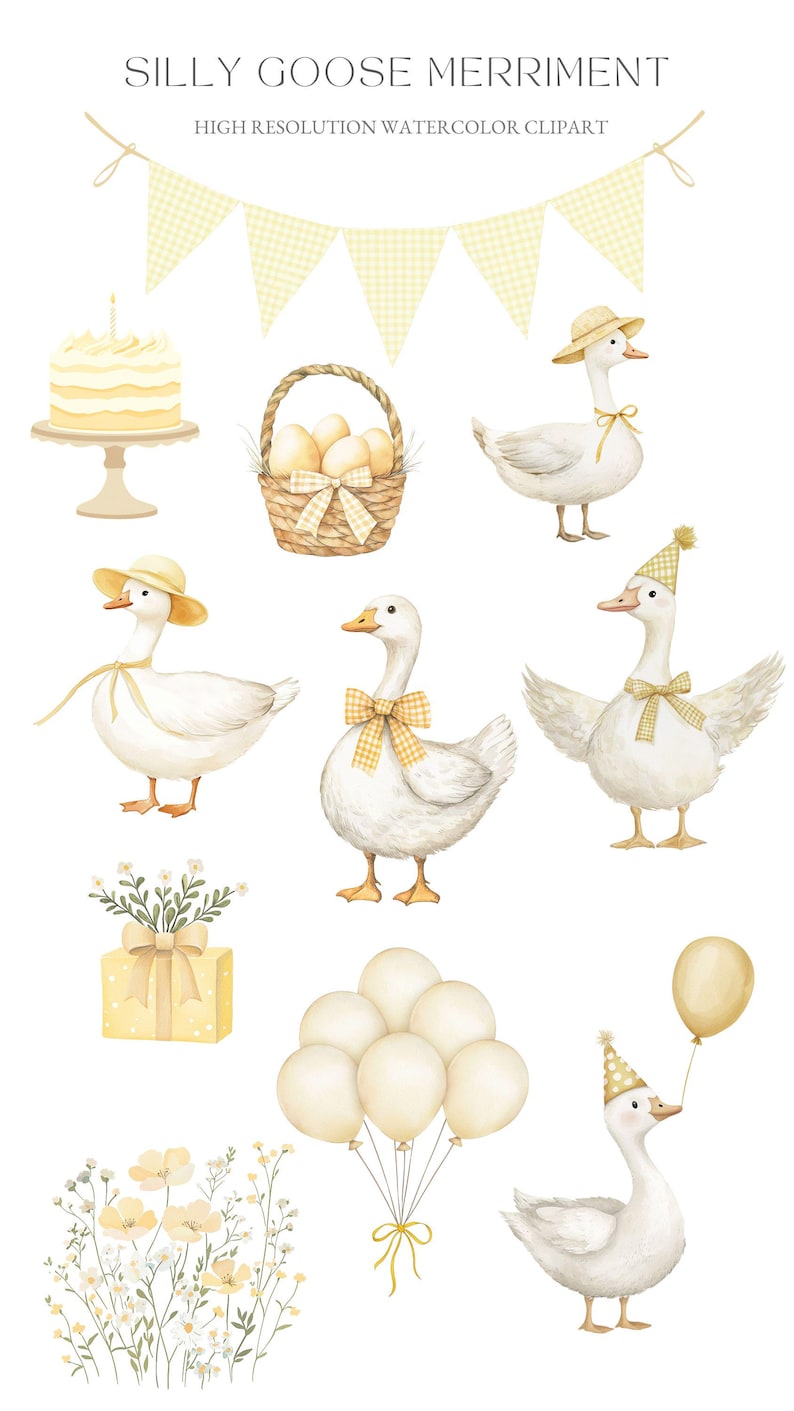 May include: A set of watercolor illustrations featuring a birthday theme with geese. The set includes a goose wearing a hat, a goose wearing a party hat, a goose holding a balloon, a basket of eggs, a cake, a gift box, a bunch of balloons, and a floral arrangement.
