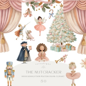 Könnte beinhalten: Aquarell-Clipart-Set mit Elementen aus dem Ballett "Der Nussknacker". Enthält einen Weihnachtsbaum, eine Ballerina, eine Fee, einen Nussknacker und andere Charaktere. Der Text lautet "THE NUTCRACKER" und "HIGH RESOLUTION WATERCOLOR CLIPART".