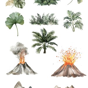 K&ouml;nnte beinhalten: Aquarell-Illustrationen einer Vielzahl von pr&auml;historischen Pflanzen und Landschaften, darunter Farne, Palmen, Ginkgobl&auml;tter, Berge und Vulkane. Die Illustrationen sind in Gr&uuml;n-, Braun- und Oranget&ouml;nen gehalten.