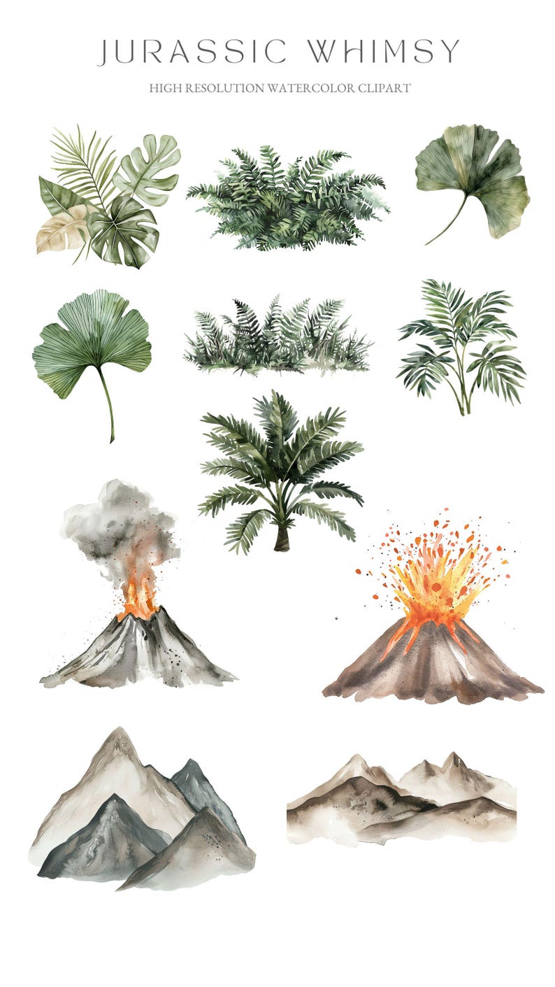 K&ouml;nnte beinhalten: Aquarell-Illustrationen einer Vielzahl von pr&auml;historischen Pflanzen und Landschaften, darunter Farne, Palmen, Ginkgobl&auml;tter, Berge und Vulkane. Die Illustrationen sind in Gr&uuml;n-, Braun- und Oranget&ouml;nen gehalten.