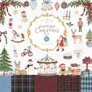 Puede incluir: Una colección de ilustraciones en acuarela con elementos navideños que incluyen a Santa Claus, un carrusel, un cascanueces, un caballito de madera, un muñeco de nieve, un oso de peluche, renos, regalos y varios patrones de cuadros escoceses.