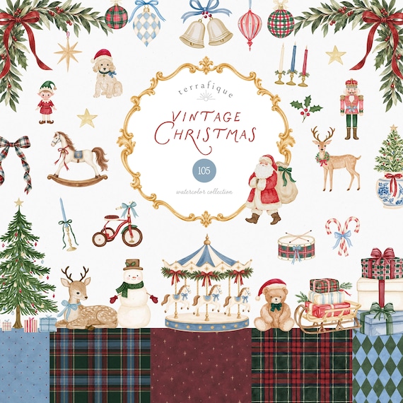 Vintage Christmas Clipart Bundle, Watercolor Preppy Heirloom Vintage Toys PNG, Whimsical Festive Tartan Backgrounds, Digital Download