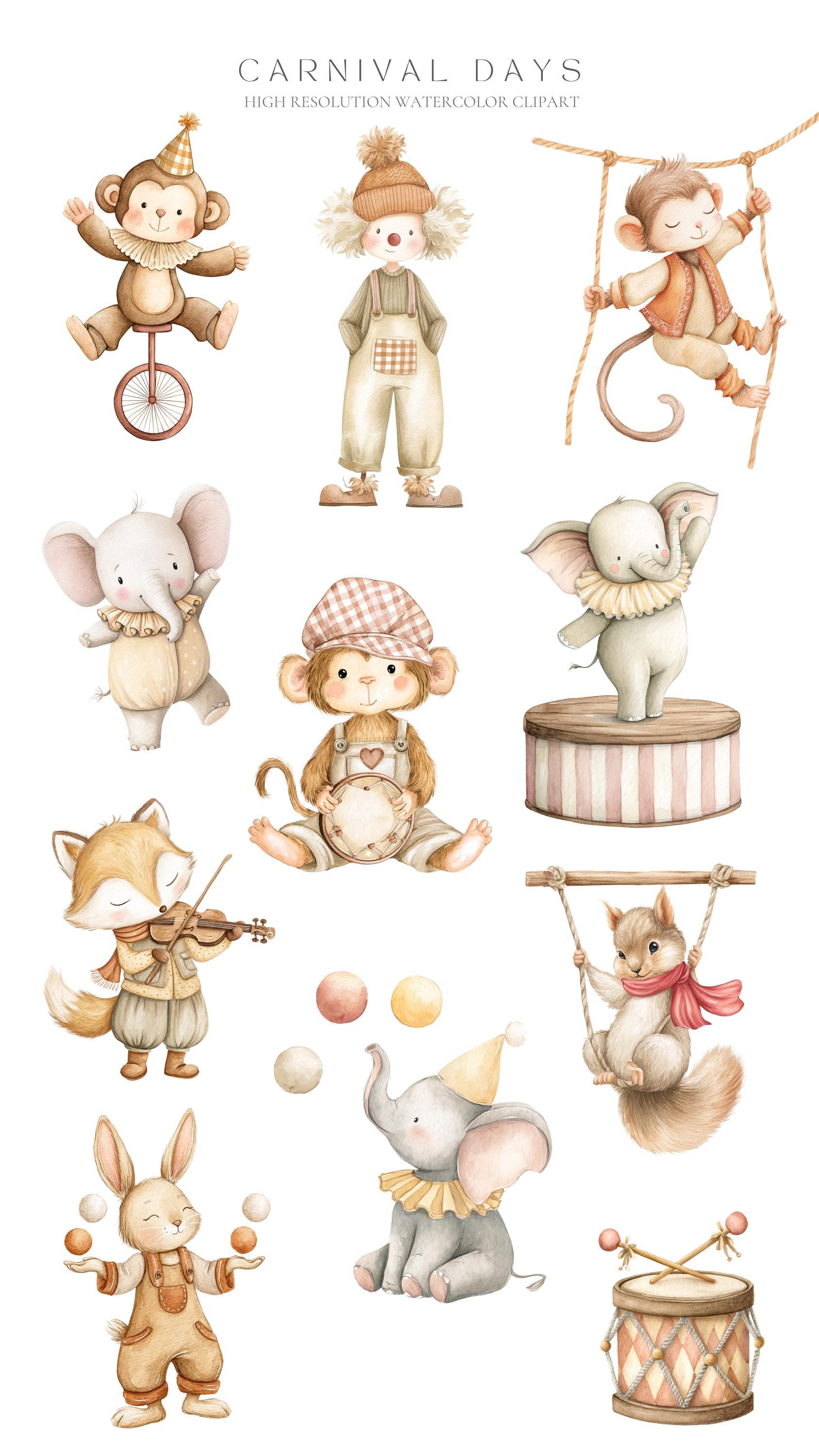 Boho Circus Clipart, Watercolor Carnival Animals PNG, Vintage Circus ...