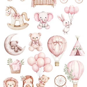 May include: A set of watercolor illustrations featuring a pink and brown color scheme. The illustrations include a crib, a rocking horse, a hot air balloon, a teepee, a teddy bear, a lion, a giraffe, a cat, a dog, a bunny, a doll, and a dreamcatcher. The illustrations are perfect for a nursery or children's room.