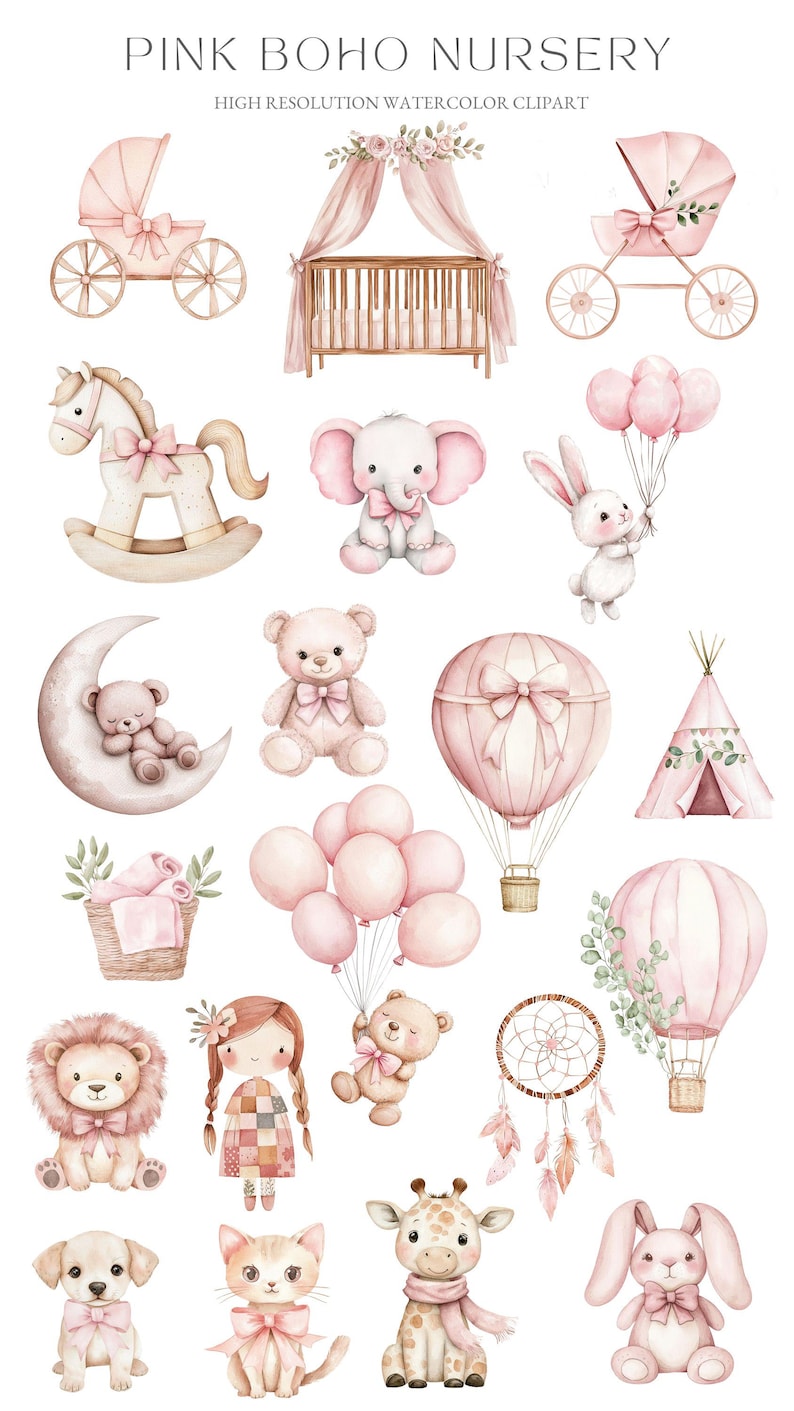 May include: A set of watercolor illustrations featuring a pink and brown color scheme. The illustrations include a crib, a rocking horse, a hot air balloon, a teepee, a teddy bear, a lion, a giraffe, a cat, a dog, a bunny, a doll, and a dreamcatcher. The illustrations are perfect for a nursery or children's room.