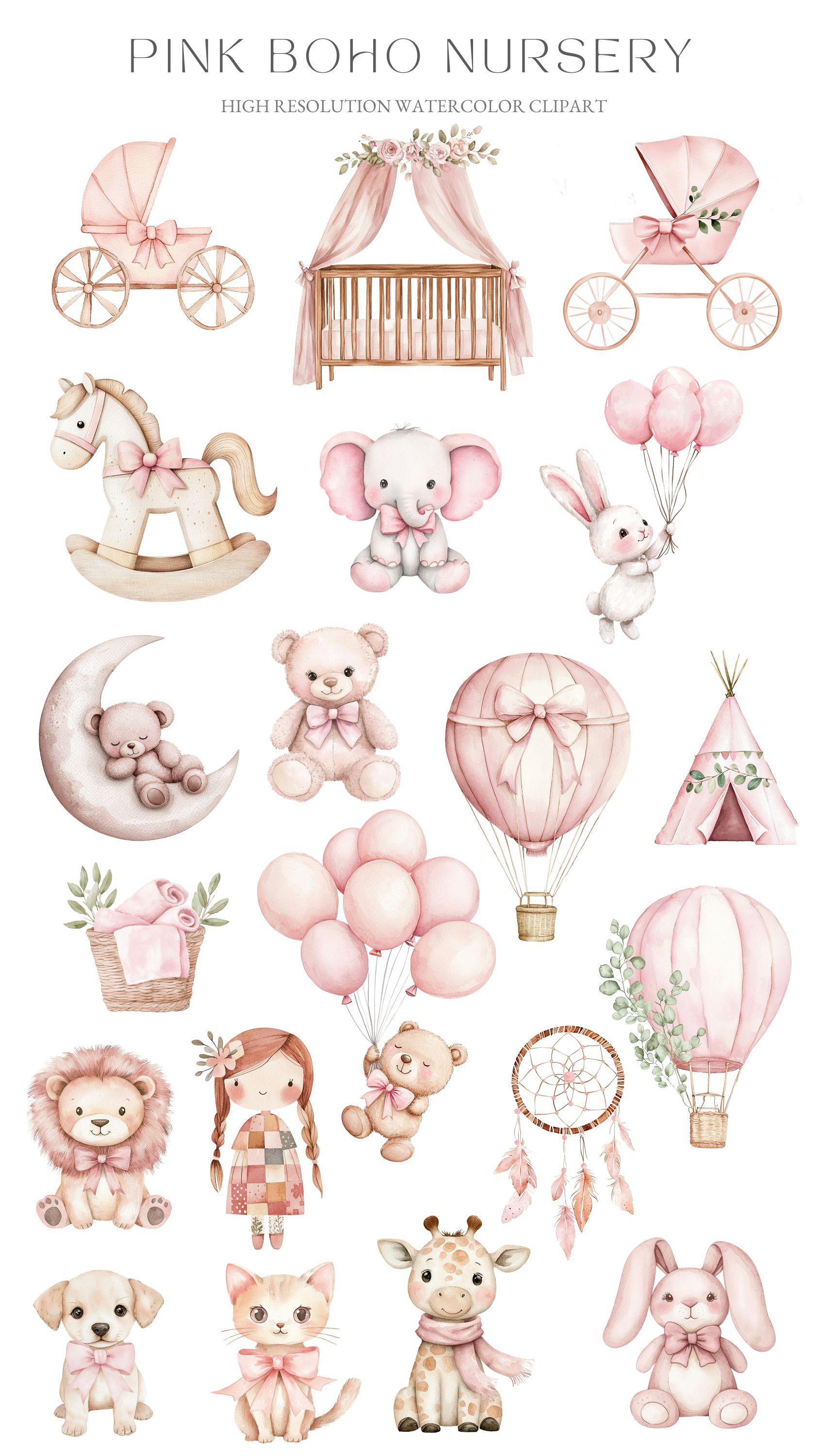 Pink Boho Nursery Clipart: Watercolor Baby Girl Animals (digital ...