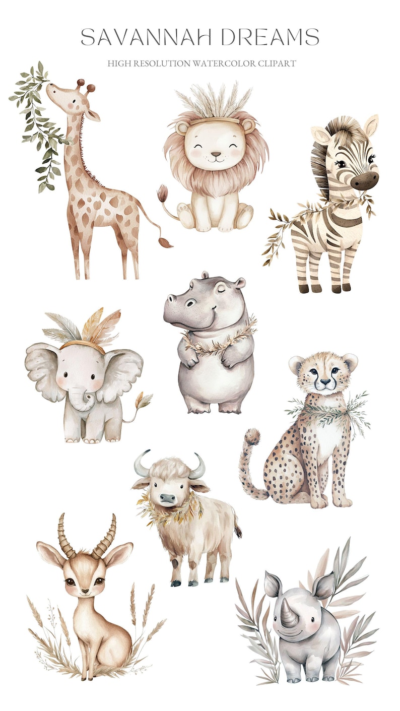 Boho Safari Animals Watercolor Clipart: Baby Shower Invitation (PNG, PDF) image 2