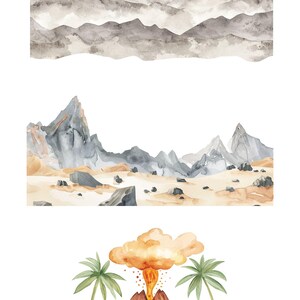 K&ouml;nnte beinhalten: Aquarell-Clipart-Set mit einer Vulkanlandschaft mit Palmen, einer Bergkette und einer W&uuml;stenlandschaft. Die Illustrationen sind in Braun-, Grau-, Orange- und Blaut&ouml;nen gemalt.