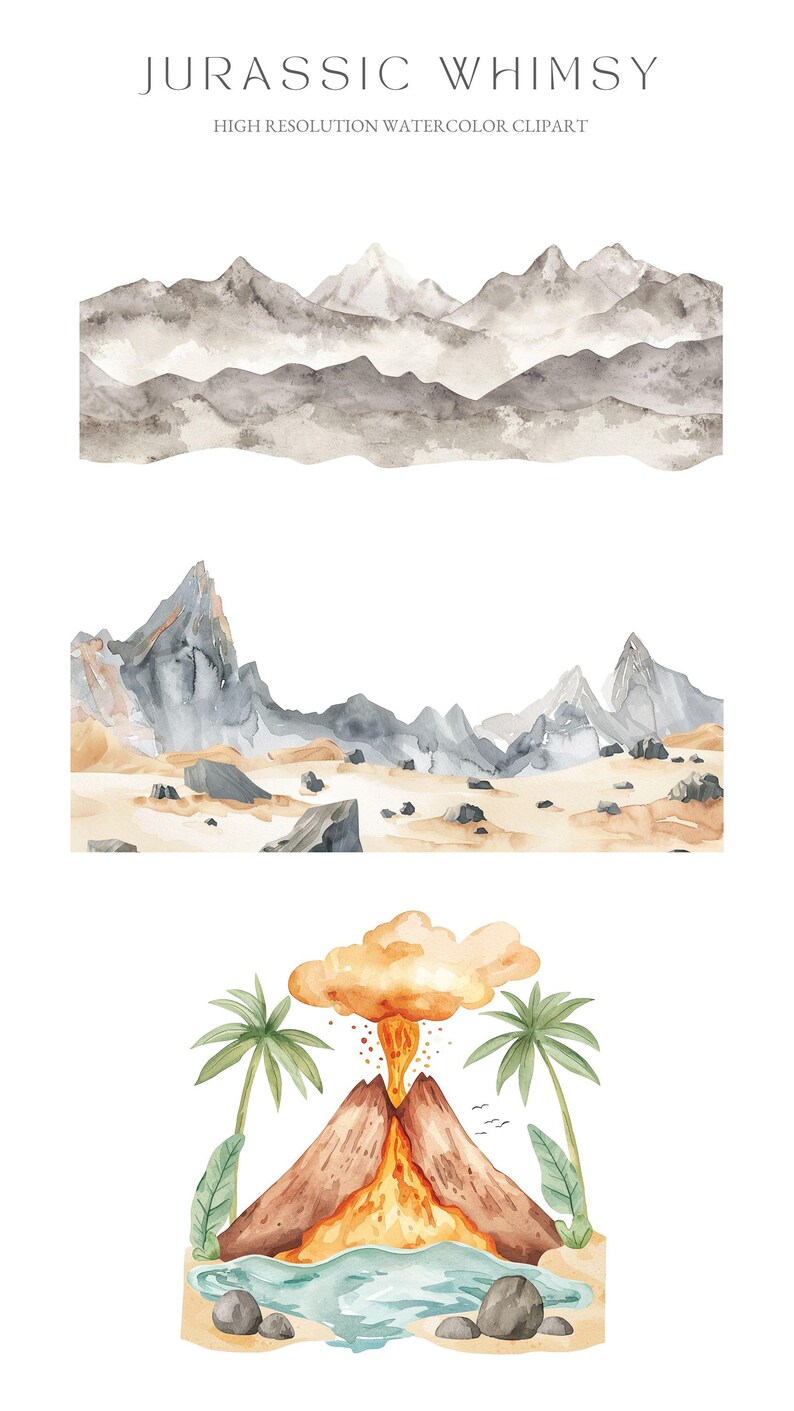 K&ouml;nnte beinhalten: Aquarell-Clipart-Set mit einer Vulkanlandschaft mit Palmen, einer Bergkette und einer W&uuml;stenlandschaft. Die Illustrationen sind in Braun-, Grau-, Orange- und Blaut&ouml;nen gemalt.