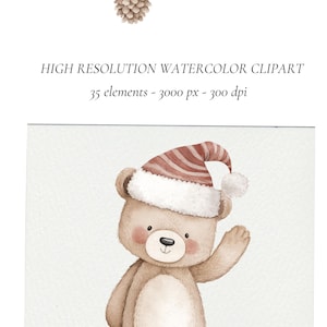 Puede incluir: Ilustraci&oacute;n en acuarela de un oso de peluche con gorro de Pap&aacute; Noel, adorno de pi&ntilde;a y rama nevada. Texto: HIGH RESOLUTION WATERCOLOR CLIPART, 35 elementos - 3000 px - 300 dpi.