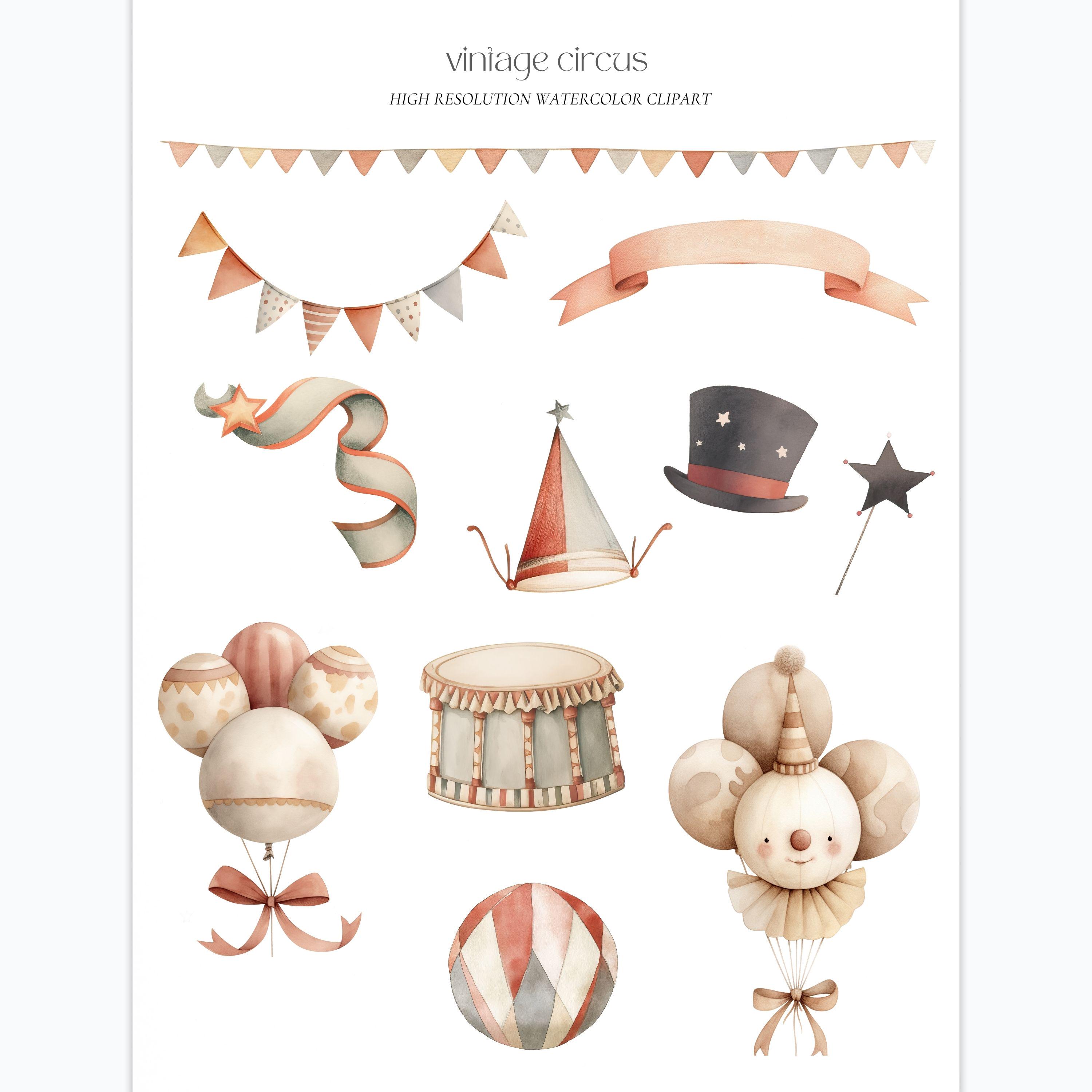 Vintage Circus Clipart, Watercolor Carousel Animals Balloons PNG ...