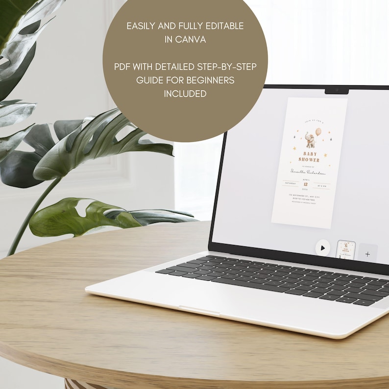 May include: A laptop displaying a baby shower invitation template. The invitation features an illustration of an elephant with balloons. The screen also shows the text: "EASILY AND FULLY EDITABLE IN CANVA" and "PDF WITH DETAILED STEP-BY-STEP GUIDE FOR BEGINNERS INCLUDED."