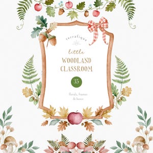 Op de afbeelding: Een decoratieve kaderillustratie met aquarelelementen waaronder rode appels, bruine eikels, groene varenbladeren, eikenbladeren en een rood-wit geblokte strik. De tekst luidt "terrafique little WOODLAND CLASSROOM 35 florals, frames & bows".
