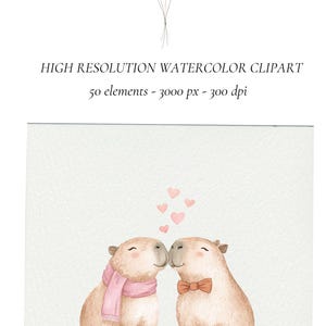 May include: Watercolor clipart featuring a pair of capybaras kissing, with pink hearts above them. One capybara wears a pink scarf, the other a bow tie. A cluster of balloons in pastel colors floats above. Text reads: HIGH RESOLUTION WATERCOLOR CLIPART.