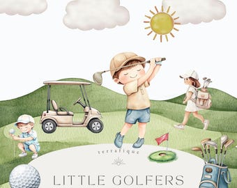Golf Aquarell Clipart Set: Kinder, Golfschläger, Ausrüstung (digitaler Download)