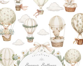 Hot Air Balloons Clipart, Vintage French Nursery Beige Pastel PNG Commercial Use Graphics