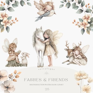 Clipart fées mignons animaux de la forêt forêt enchantée beige aquarelle fantaisiste jardin magique anniversaire chambre d'enfant usage commercial PNG