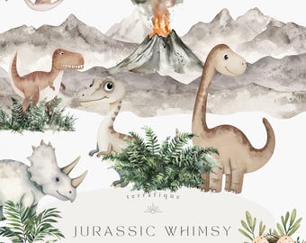 May include: Watercolor clipart set featuring dinosaurs, a volcano, and foliage. The set includes a green dinosaur, a brown dinosaur, a gray triceratops, a pterodactyl, and a volcano with orange flames. The set is perfect for creating invitations, cards, and other crafts.