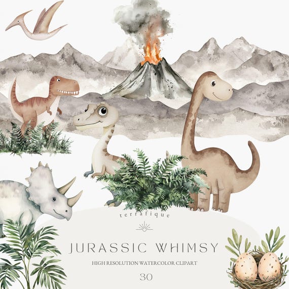 Watercolor Dinosaur Clipart: Jurassic Baby Dino PNG (Commercial Use)