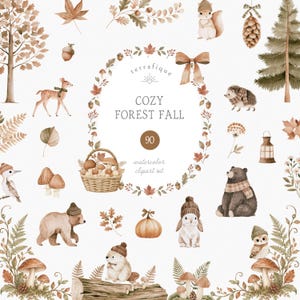 May include: A collection of watercolour forest-themed illustrations featuring animals like a bear, deer, hedgehog, owl, and squirrel, alongside autumn elements such as mushrooms, leaves, a pumpkin, and a basket, with the text COZY FOREST FALL.