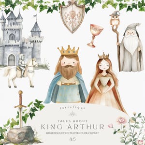 Leuke middeleeuwse clipart koning Arthur Knights Wizard Dragon Castle grillige aquarel mythologie voor kinderen verjaardag elementen commercieel gebruik