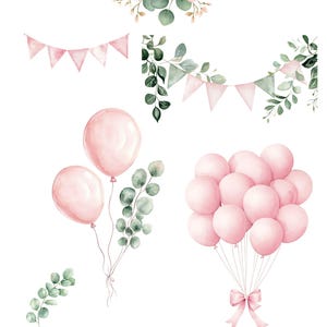 May include: Watercolor clipart set featuring pink balloons, eucalyptus greenery, and pink flags. The set is perfect for creating invitations, cards, and other paper crafts.