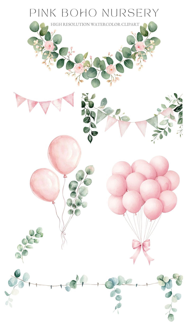 May include: Watercolor clipart set featuring pink balloons, eucalyptus greenery, and pink flags. The set is perfect for creating invitations, cards, and other paper crafts.