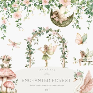 May include: Watercolor clipart set featuring fairies, a frog, a mushroom, a swan, butterflies, and a floral archway. The set is titled "Enchanted Forest" and includes 60 high-resolution images.